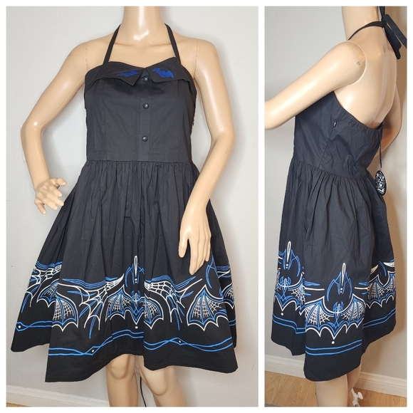 Sourpuss Dresses & Skirts - NWT Sourpuss Batty Pinstripe Spooksville Halter Dress Black Blue Small Pockets